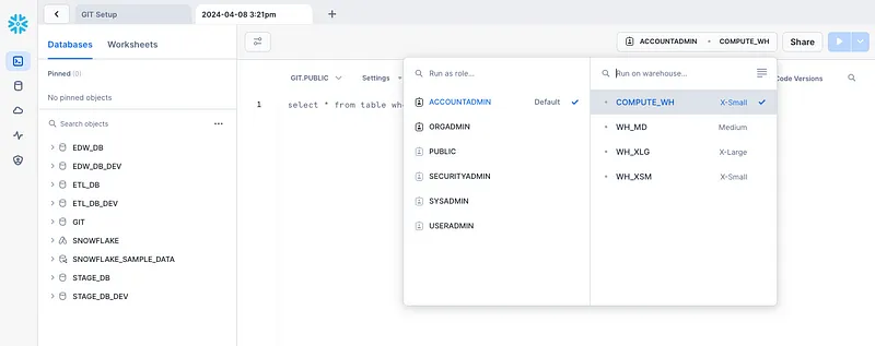 Databases and warehouses created in Snowflake